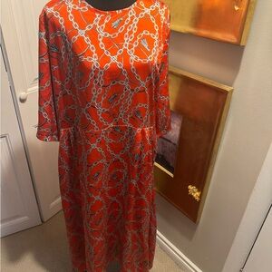Chain-Print Orange Midi Dress with Three-Quarter Sleeves